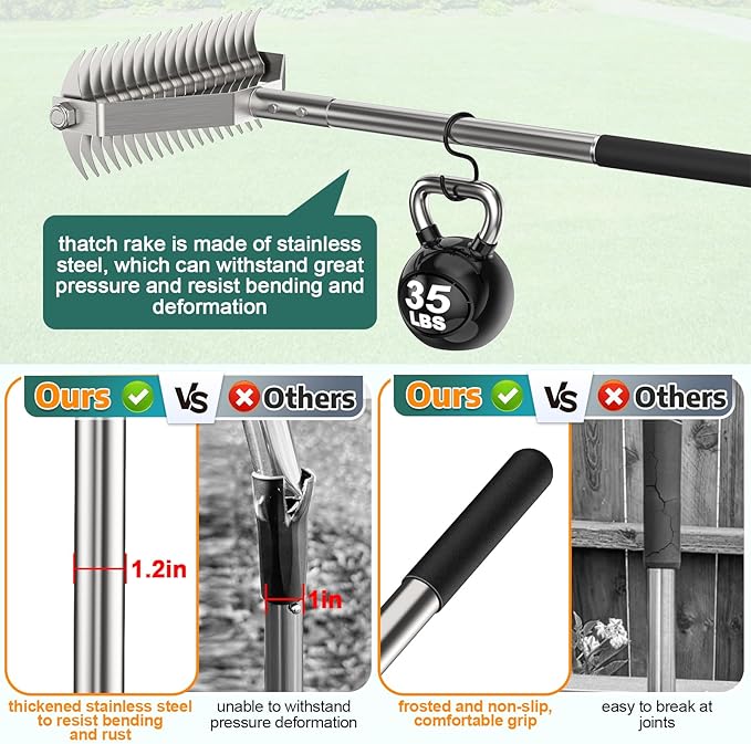 Thatch Rakes for Lawns,14.2-Inch Thatching Rake, All Stainless Steel Dethatcher Rake with Adjustable Handle and 2 Extra Replaceable Blades,Heavy Duty Rakes for Cleaning Dead Grass and Loosening Soil