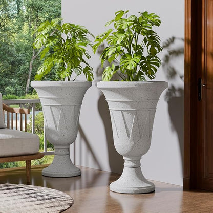 Tall Plastic Urn Planters for Outdoor Plants Set of 2-23.6" H Classic Trophy Design Indoor Large Flower Pots with Drainage Holes, Outdoor Planters for Porch Decor/Garden Vase, White