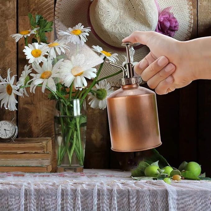 Galvanized Steel Plant Mister Spray Bottle, 8" Tall Vintage Plant Spritzer Watering Can, Succulent Watering Bottle with Top Pump for Indoor Outdoor Gardening (Bronze)
