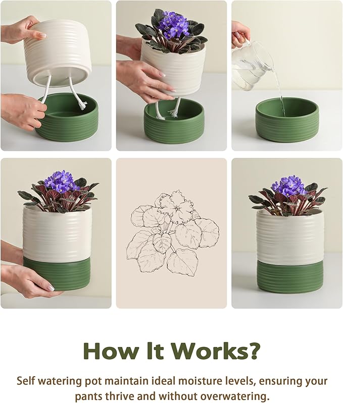 Self Watering Pots for Indoor Plants, 6 Inch Ceramic Self Watering Plant Pot, Planter Pot with Wick Rope and Drainage Hole for African Violet Succulent Herbs (White Matte)