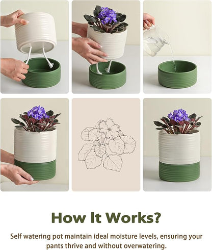 Self Watering Pots for Indoor Plants, 6 Inch Ceramic Self Watering Plant Pot, Planter Pot with Wick Rope and Drainage Hole for African Violet Succulent Herbs (White Matte)