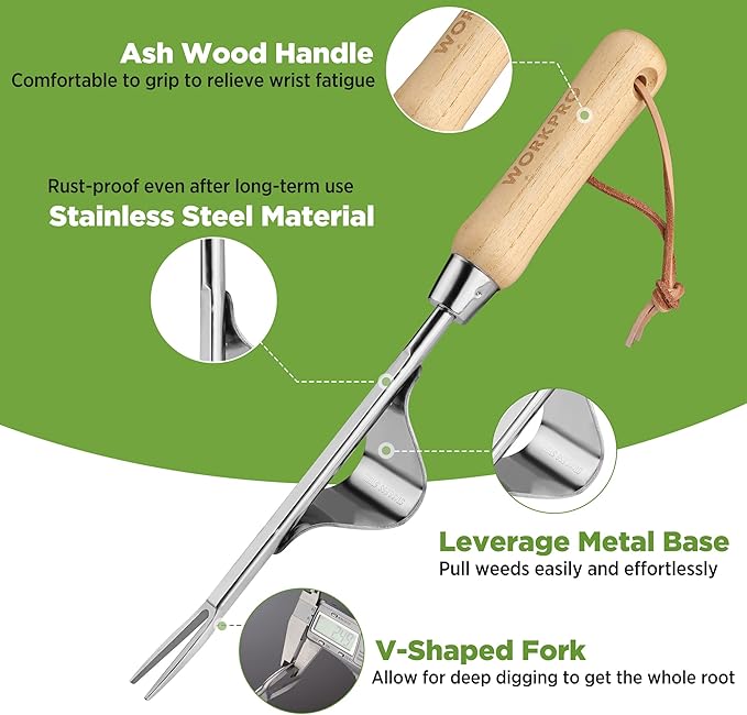 WORKPRO Weed Puller Tool, Metal Leverage Base and V-Shaped Forks for Easy Weed Removal & Deeper Root Digging, Heavy Duty Stainless Steel with Wood Handle, Manual Hand Weeder for Gardening