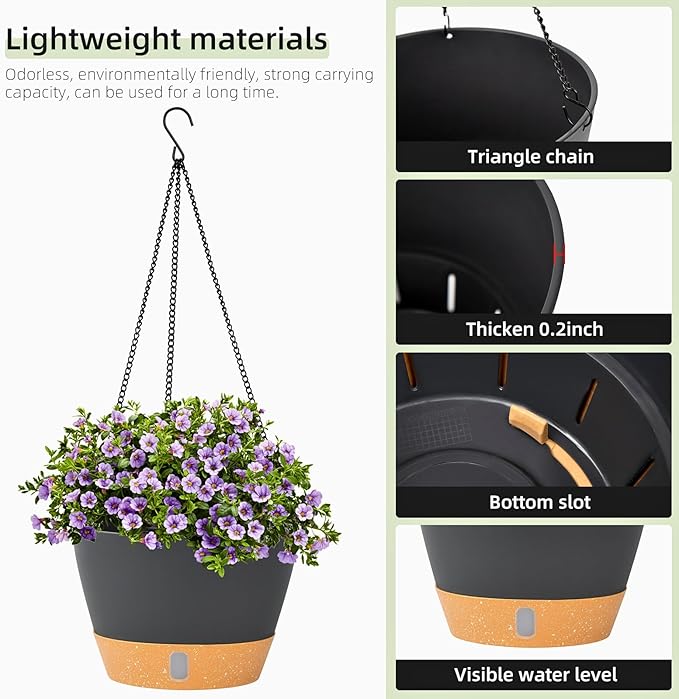 QCQHDU 2 Pack 10 Inch Hanging Planters for Indoor Outdoor Plants, Hanging Baskets Flower Pots with Reservoir Tray & Visible Water-Level