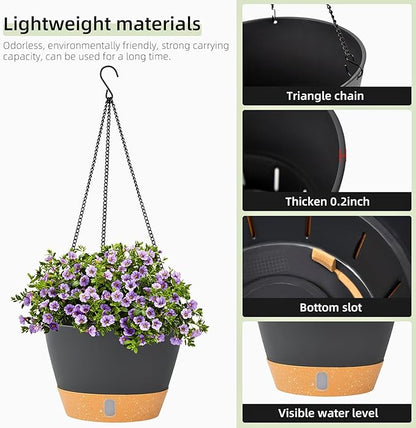 QCQHDU 2 Pack 10 Inch Hanging Planters for Indoor Outdoor Plants, Hanging Baskets Flower Pots with Reservoir Tray & Visible Water-Level
