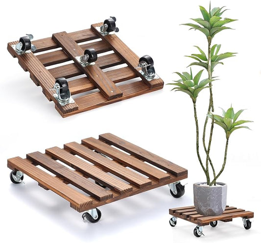 2 Pack Plant Stand with Wheels, 14" Rolling Plant Stand 264 LBS Heavy Duty Wooden Square Plant Caddy with Metal 360° Lockable Caster Wheels for Outdoor Indoor Large Plant Pots, Flower Pot, Patio