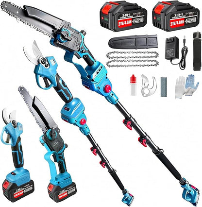 4-in-1 Electric Pruning Shears & 8 Inch Electric Pole Saws for Tree Trimming with 16FT Extension Pole & 2×4.0Ah Battery Powered, Brushless Cordless Pole Saw Tree Trimmer Limb Branch Cutter Tree Pruner