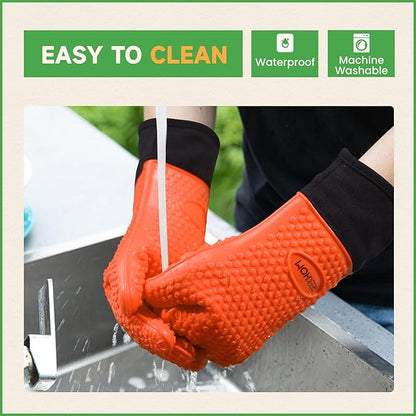 GEEKHOM BBQ Gloves Heat Resistant Oven Mitts - Silicone Grilling Gloves with 13.7" Arm Protection - Waterproof Pot Holder Non-Slip for Men & Women, Kitchen Outdoor Cooking, Baking, Camping, Orange