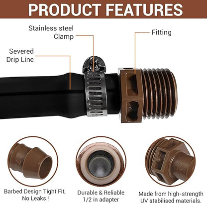 LECTO 1/2" MPT Drip Irrigation Adapter – Fits 1/2" & 5/8" Drip Tubing, Barbed Connector with Stainless Steel Clamp, UV-Resistant (1 Pack)