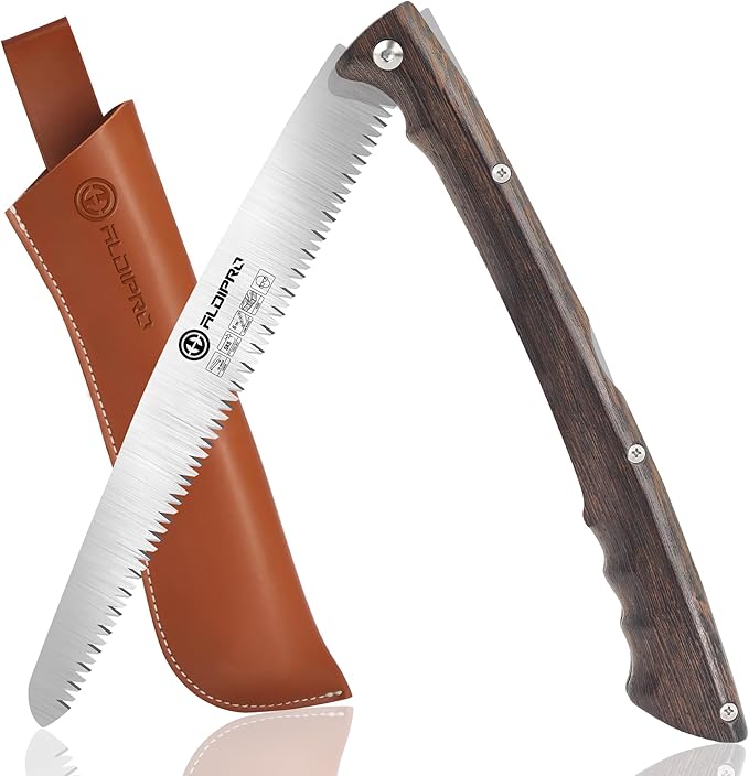 Folding Pruning Saw 10 Inch with Leather Sheath and Wenge Wooden Handle, SK5 Steel Blade, Foldable Hand Saw for Camping, Survival, Wood Cutting, Bushcraft and Tree Trimming