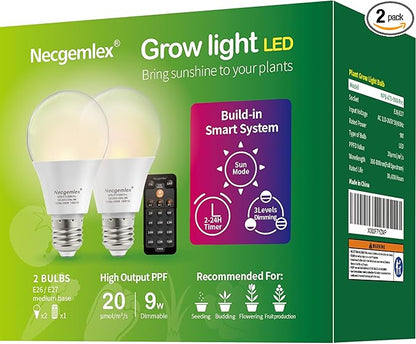Smart LED Grow Light Bulbs with Remote Controller, Sun Mode, Built-in Daily Auto Timer, 4500K, A21/A70 E26/E27 9W Dimmable Full Spectrum Grow Bulbs for Indoor Plants, 2 Pack