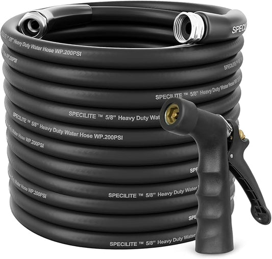 SPECILITE 5/8" Hot/Cold Garden Hose 150 ft with Industrial High Pressure Nozzle, Flexible & Lightweight, 600psi Burst Rubber Water hose -50℉-158℉ With 3/4"Stainless Steel Fittings for Yard, Black