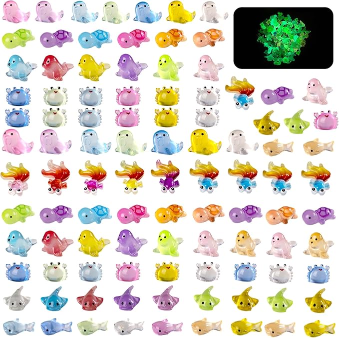 100 Pieces Luminous Mini Sea Animal Little Turtle Seal Carp Manta Ray Statue Glowing Tiny Sea Animal Garden View Aquarium DIY Hide and Seek Prank Cake Decorating Set