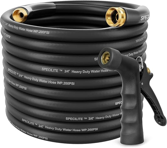 SPECILITE 3/4" Hot/Cold Garden Hose 150 ft with Industrial High Pressure Nozzle, Flexible & Lightweight, 600psi Burst Rubber Water hose -50℉-158℉ With 3/4" Brass Fittings for Yard, Black
