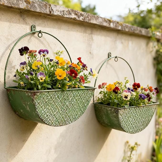 2-Piece Green Metal Planter Wall Hanging Baskets Decor Half-Moon Wall Mount Planter Set for Shabby Chic Farmhouse Outdoor Indoor Wall Decor
