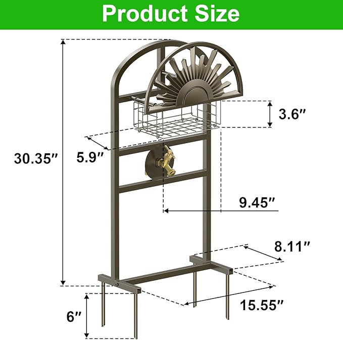 GOFORWILD Garden Hose Holder with Brass Faucet, Freestanding Water Hose Stand with Storage Basket, Detachable Heavy Duty Hose Reel Hanger Holds 150-Feet Hose for Outside Patio Yard Lawn