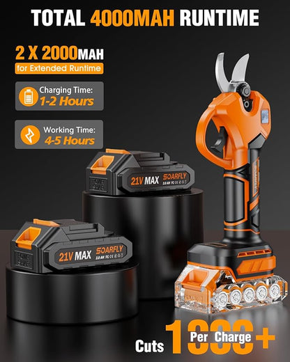 Upgraded Electric Pruning Shears, 1.5'' Cutting Diameter, Brushless Motor Cordless Pruner with LCD Display, 2 x 2000mAh Batteries & Extra SK5 Blades for Garden, Orchard & Branches