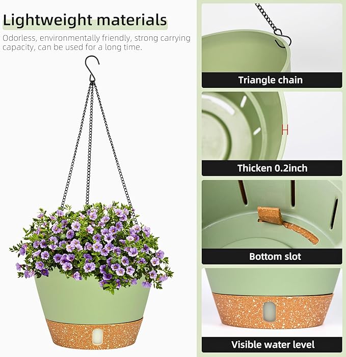 QCQHDU 2 Pack 10 Inch Hanging Planters for Indoor Outdoor Plants, Hanging Baskets Flower Pots with Reservoir Tray & Visible Water-Level