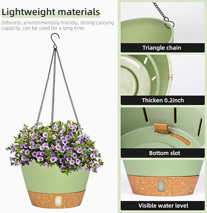 QCQHDU 2 Pack 10 Inch Hanging Planters for Indoor Outdoor Plants, Hanging Baskets Flower Pots with Reservoir Tray & Visible Water-Level