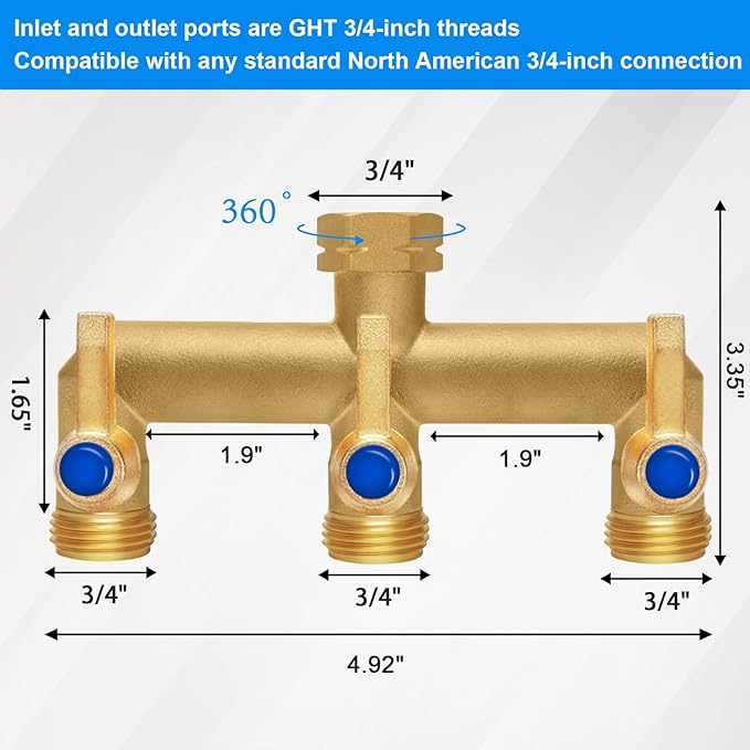 Brass Garden Hose Splitter, 3 Way Hose Splitter, Outdoor Hose Splitter, GHT 3/4 in. Female Inlet and 3 Way 3/4 in. Male Outlet for Regulating and Shutting Off Water Flow