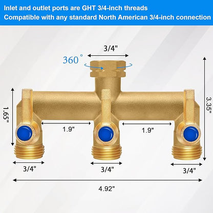 Brass Garden Hose Splitter, 3 Way Hose Splitter, Outdoor Hose Splitter, GHT 3/4 in. Female Inlet and 3 Way 3/4 in. Male Outlet for Regulating and Shutting Off Water Flow