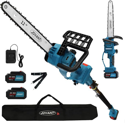 12 Inch Electric Pole Saws for Tree Trimming, 2-in-1 Cordless Pole Saw 2 x 4.0Ah Battery Powered Pole Chainsaw Lightweight with Shoulder Strap for Thicker Wood Cutting Pruning
