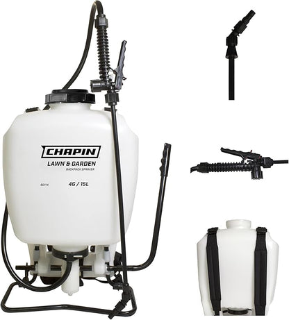 Chapin USA 60114 Made in USA 4-Gallon Backpack Sprayer with 3-Stage Filtration System Pump Pressured Sprayer, for Spraying Plants, Garden Watering, Lawns, Weeds and Pests, Translucent White