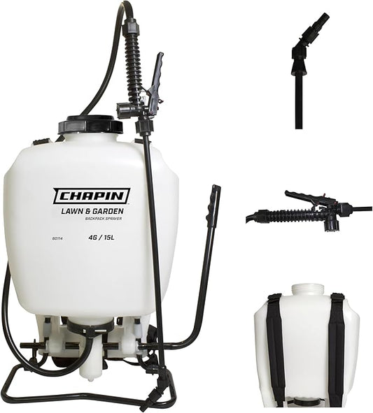 Chapin USA 60114 Made in USA 4-Gallon Backpack Sprayer with 3-Stage Filtration System Pump Pressured Sprayer, for Spraying Plants, Garden Watering, Lawns, Weeds and Pests, Translucent White