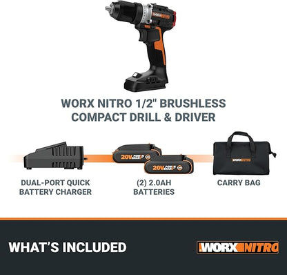 Worx Nitro 20V Cordless 1/2" Drill Driver With Brushless Motor - Compact & Lightweight Set Only 6" and 3 lbs. - Power Share Compatible WX130L - Batteries & Charger Included, Black