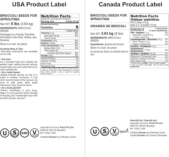 Food to Live Broccoli Seeds for Sprouting, 8 Pounds – Vegan, Kosher, Sirtfood, Bulk. Rich in Sulforaphane, Vitamin C, Vitamin A. Great for Growing Sprouts, Microgreens. High Germination Rate