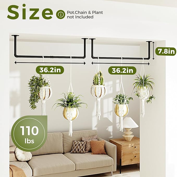 Bamworld 36.2" Hanging Planters 2PCS for Indoor Plants Hanging Plant Holder Plant Hanger Indoor Ceiling Window Plant Shelves Wall Mount Black Metal Rod(Pot&Plant Not Included)