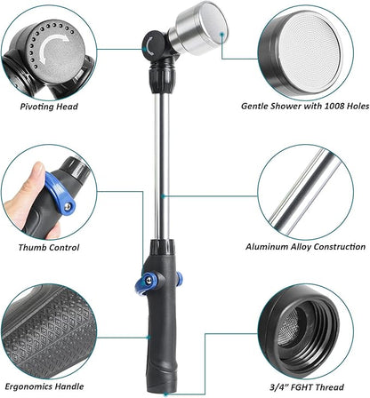 STYDDI Soft Rain Watering Wand with Pivoting Head and Thumb Control, 18" Gentle Classic Rain Wand with 1008Holes Stainless Head, Perfect for Hanging Baskets, Planters, Greenhouses and Seedbed