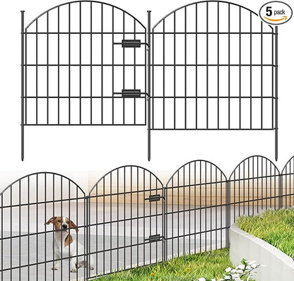 Metal Garden Fence with Gate 28in (H) x 11.7ft (L), 1 Gate + 4 Panels Rustproof Border Fence Animal Barrier for Dogs, No Dig Garden Fencing for Yard Backyard Landscape, ECG2827 Black