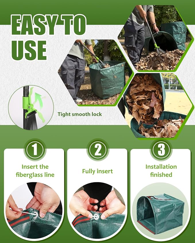 Joyhalo 63.4 Inch Rake for Leaves with 40 Gallon Dustpan-Typ Leaf Bags, Adjustable 18 Tines Metal Leaf Rake Set for Gardening Lawns Yard Outdoor Camping Shrub Grass Bush Grass Clippings