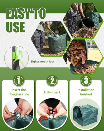 Joyhalo 63.4 Inch Rake for Leaves with 40 Gallon Dustpan-Typ Leaf Bags, Adjustable 18 Tines Metal Leaf Rake Set for Gardening Lawns Yard Outdoor Camping Shrub Grass Bush Grass Clippings