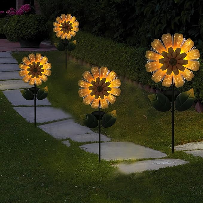 Solar Garden Stake Solar Flower with Fiber Lights Metal Flower Decorative Outdoor Lights Waterproof for Pathway Yard Lawn,Garden Gifts for Women,Mom,Grandma