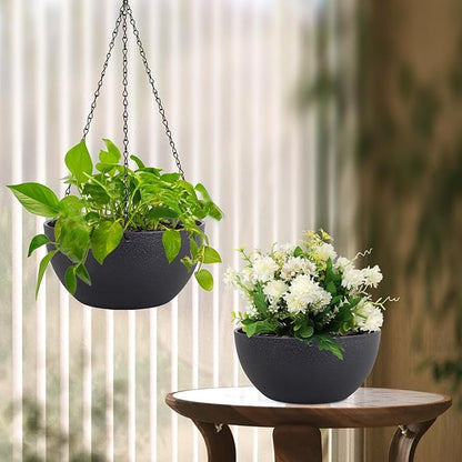 8 inch Small Hanging Planters Plant Pots for Indoor Outdoor Plants, 2 Pack Hanging Flower Pots with Drainage Holes and Chain for Garden Porch, Plastic Hanging Baskets for House Plants, Black
