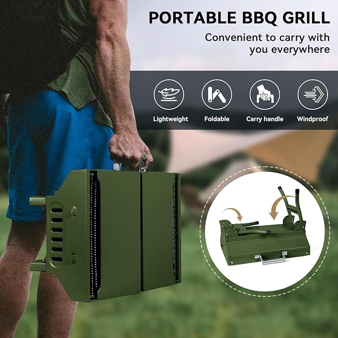 Portable Charcoal Grill Foldable Grills BBQ Grill Charcoal Small Grill for Travel, Camping, Outdoor Cooking, Backyard, Hiking, Patio Garden, Picnics, Green