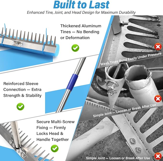 Aluminum Landscape & Lake Rake, 31'' Wide Heavy Duty Rakes for Gravel Driveway Leveling,Soil Loosening,Aquatic Weed,Algae Removal, Long Handle Landscaping Tool for Beach, Garden & Lawn Yard Cleaning