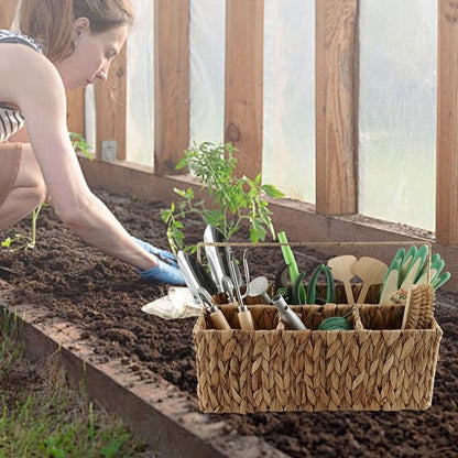 Garden Tools Woven Basket,Garden Tool Organizer with Handle,Wicker Storage Basket with 4 Compartments,Pruning Shears,Gloves,Shovel,Gardening Gifts for Women Men,14" L X 8" W X 5.5" H