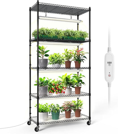 Bstrip Plant Shelf with Grow Lights, 5-Tier Plant Stand with T8 24W Grow Light for Indoor Plants with Wheel, 5000K Full Spectrum LED Plant Light with Timer for Seedling, Seed Starting, 29.5x13.8x59IN