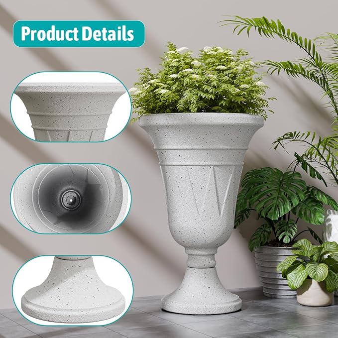 Tall Plastic Urn Planters for Outdoor Plants Set of 2-23.6" H Classic Trophy Design Indoor Large Flower Pots with Drainage Holes, Outdoor Planters for Porch Decor/Garden Vase, White