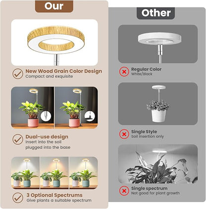 Plant Grow Light, 48 LEDs Full Spectrum Grow Lights for Indoor Plants, Height Adjustable Faux Wood Grain Small Grow Light with Base, 3 Optional Spectrums, Auto Timer 6/12/16Hrs, 5 Brightness