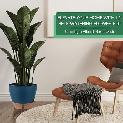 8/10/12 Inch Large Self Watering Pots for Indoor Plants Plastic Plant Pot for Outdoor Plants, Water Level Window & Spacious Reservoir Flower Pots Decorative Planter with Drainage and Tray (Blue)