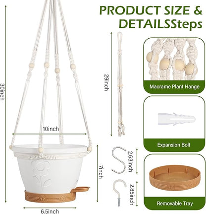 3 Pack Hanging Baskets Set, Hanging Planters for Indoor & Outdoor Plants, Self-Watering Hanging Pots with Removable Tray&Drainage Holes, Flower Pots for Home Garden Decor 10 Inch (White)