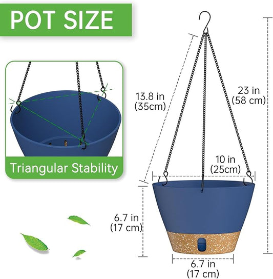ZMTECH 2 Pack 10 Inch Hanging Planters for Outdoor Plants, Hanging Pots for Plants Indoor with Visible Water Level, Hanging Flower Basket with Drainage Holes & Removable Tray(Blue)