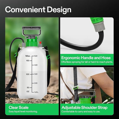 VIVOSUN 1.35 Gal/5L Pump Sprayer, Garden Water Sprayer for Plants, Weeds & Lawn Care, with 3 Nozzles, 50'' Long Hose & Pressure Relief Valve
