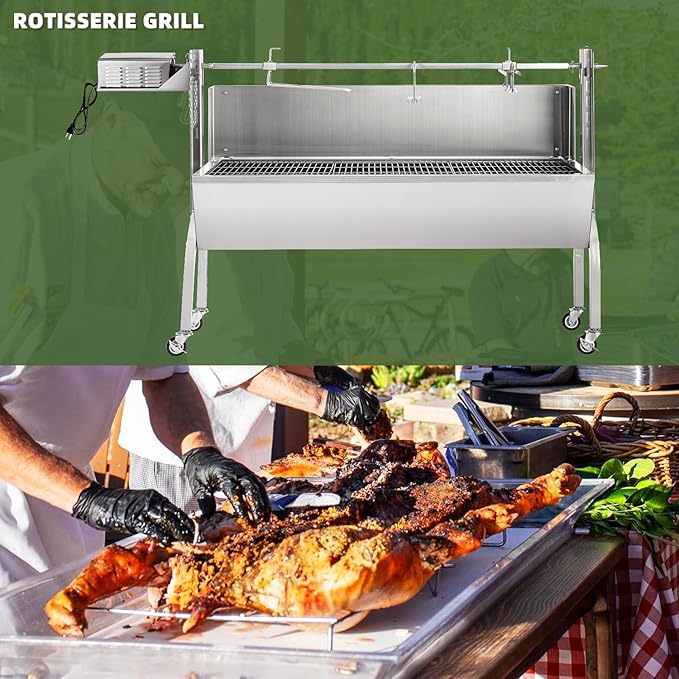 Rotisserie Grill Charcoal Spit Roaster, Stainless Steel 46" Pig Lamb Hooded Roaster Charcoal Spit with 30W Motor & Adjustable Height Lockable Casters for Party Barbecue, Rated 150 LB
