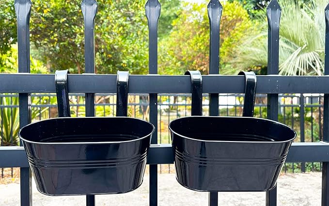 2 Pack Metal Hanging Planter for Outdoor Plants, 10 Inch Black Fence Planters Railing Pots for Garden Patio Balcony Decor, Flower Bucket with Detachable Hooks (Black, 2Pcs)