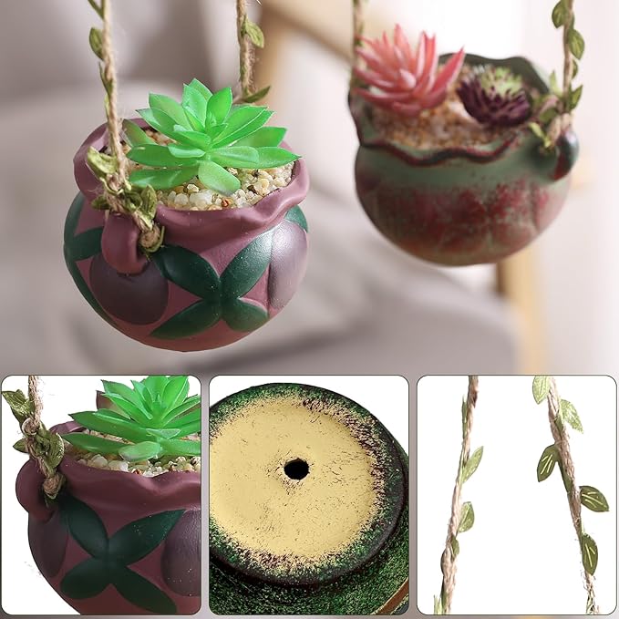 4 Piece Boho Ceramic Hanging Planters with Drainage Holes – Adorable Indoor Outdoor Succulent Flower Pots, Unique Home Décor, Charming Small Planters for Plants