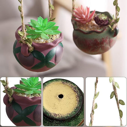 4 Piece Boho Ceramic Hanging Planters with Drainage Holes – Adorable Indoor Outdoor Succulent Flower Pots, Unique Home Décor, Charming Small Planters for Plants